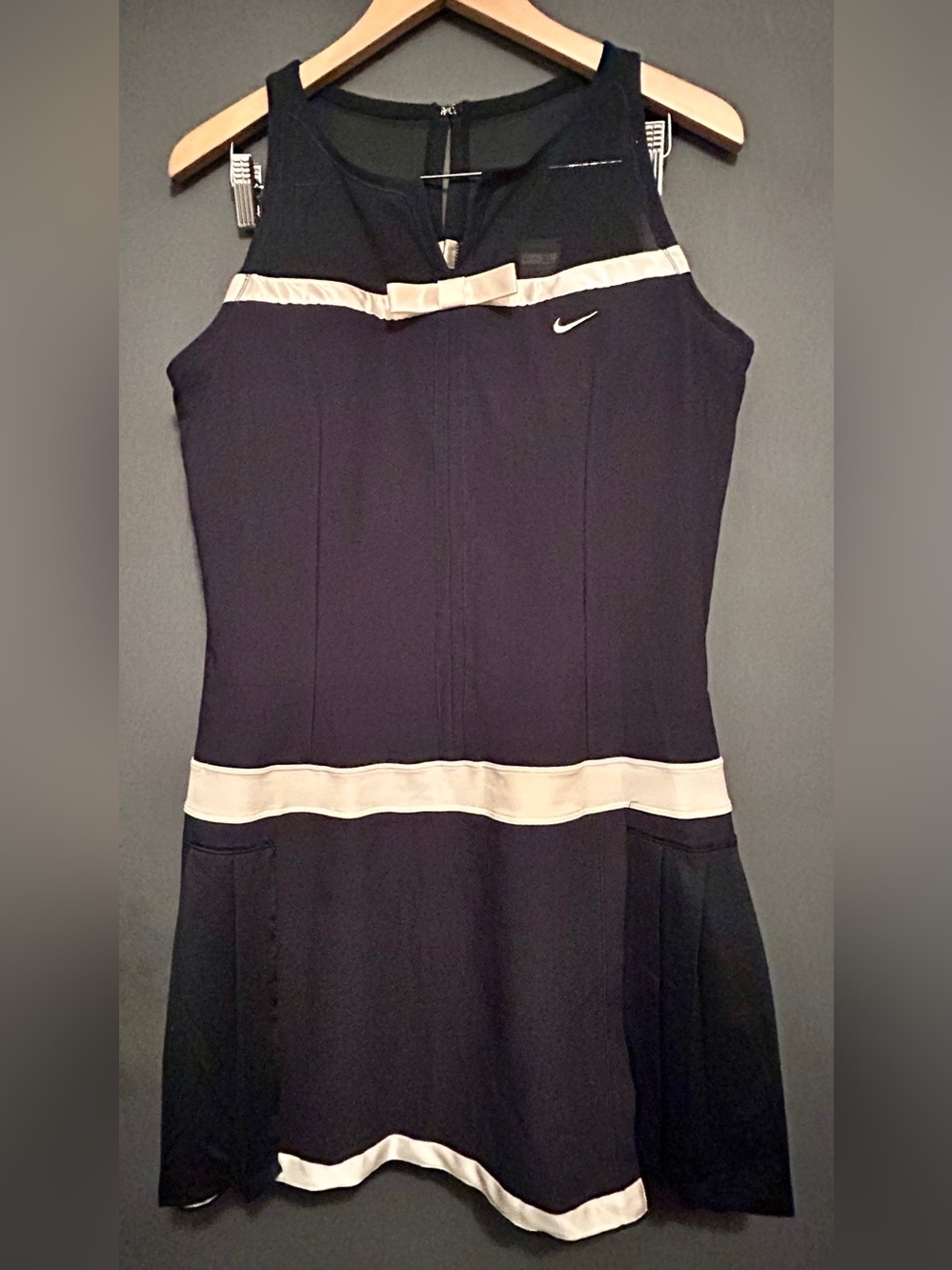 Nike MARIA SHARAPOVA NAVY BLUE WHITE SATIN TRIM Dress W/ BOW & PLEATED SKIRT XLG